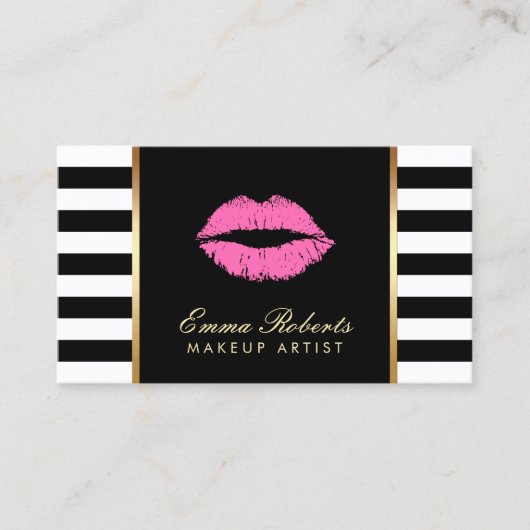 メイクアップアーティストピンクリップモダン白黒ストライプ 名刺 (正面)