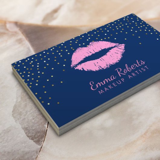 メイクアップアーティストピンクリップ金ゴールド紙吹雪ネイビーブルー 名刺