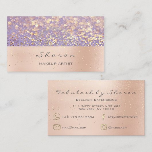 メイクアップアーティストピンクローズ金ゴールドグリッターパープルスパークル 名刺 (正面/裏面)