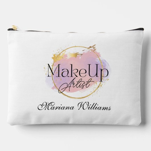 メイクアップアーティストピンク金ゴールドスタイリッシュロゴミニマル アクセサリーポーチ (正面)