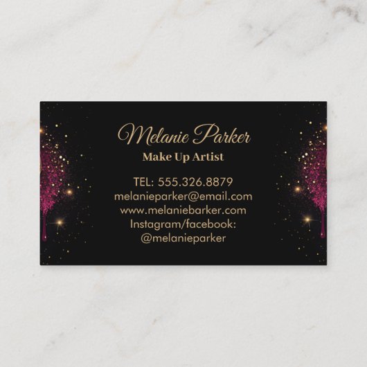 メイクアップアーティストピンク金ゴールドドリップストレンディーブラックグリッター 名刺 (裏面)
