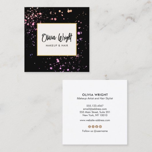 メイクアップアーティストピンク(ばちゃばちゃ)跳ねる署名スクリプト スクエア名刺 (正面/裏面)