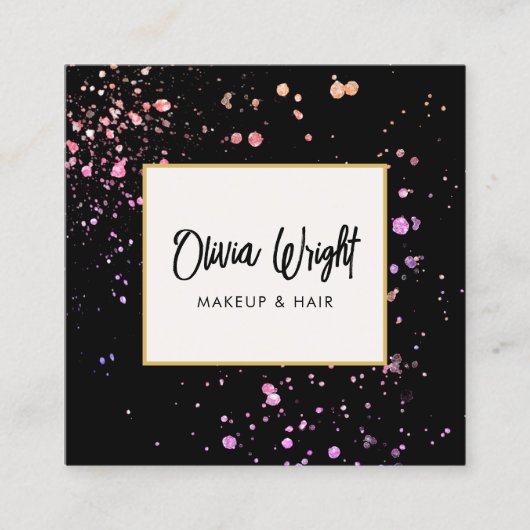 メイクアップアーティストピンク（ばちゃばちゃ）跳ねる署名スクリプト スクエア名刺 (正面)