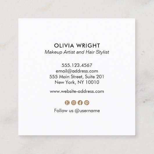 メイクアップアーティストピンク(ばちゃばちゃ)跳ねる署名スクリプト スクエア名刺 (裏面)