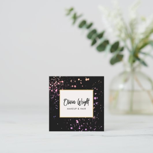 メイクアップアーティストピンク(ばちゃばちゃ)跳ねる署名スクリプト スクエア名刺 (スタンド正面)