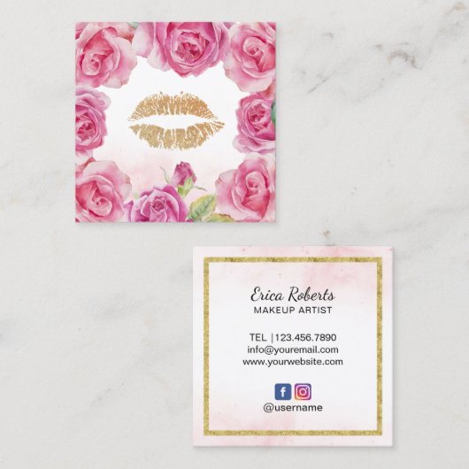 メイクアップアーティストフラワーフレーム金ゴールド唇美しいサロン スクエア名刺 (正面/裏面)