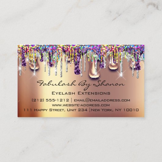 メイクアップアーティストブラウンまつ毛金ゴールドドリップホログラフィック 名刺 (裏面)