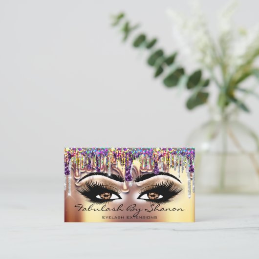 メイクアップアーティストブラウンまつ毛金ゴールドドリップホログラフィック 名刺 (スタンド正面)