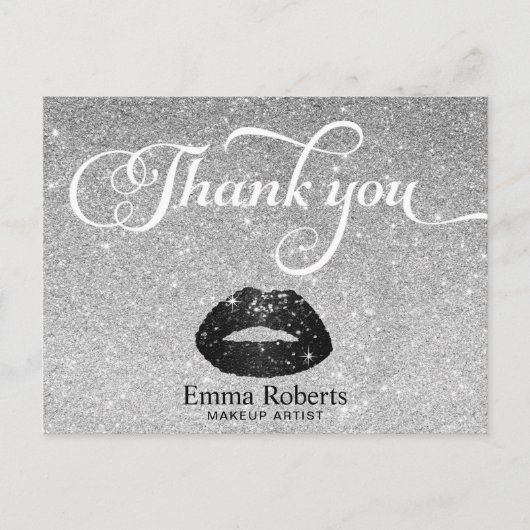 メイクアップアーティストブラックグリッターリップシルバーサンキュー ポストカード (正面)