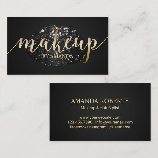 メイクアップアーティストブラックユニークグリッターリップサロン 名刺 (正面/裏面)