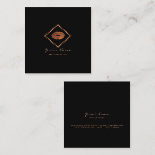 メイクアップアーティストブラックリップ銅バラ金ゴールド枠 スクエア名刺 (正面/裏面)