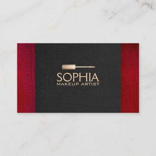 メイクアップアーティストブラックリネンと赤アリゲータースキン 名刺 (正面)