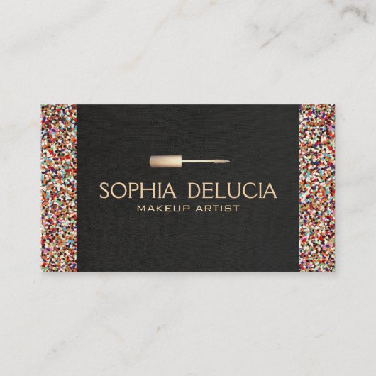 メイクアップアーティストブラックリネン、ゴールドフォイル&グリッター 名刺 (正面)