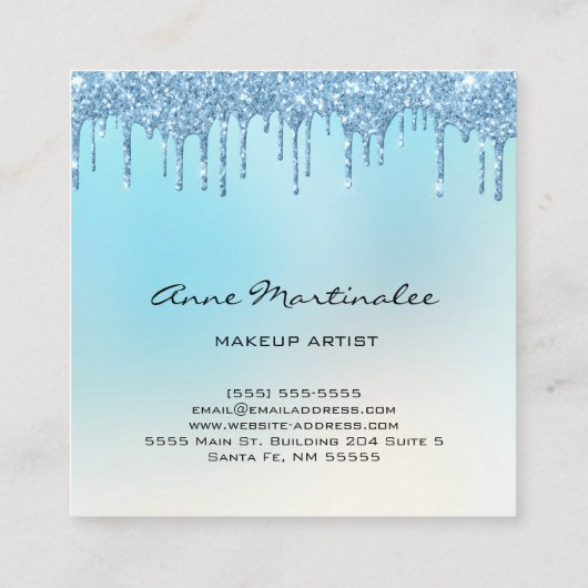 メイクアップアーティストブルーグリッターグラムドリップス スクエア名刺 (裏面)