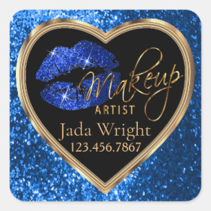 メイクアップアーティストブルーグリッターラブリップ&金ゴールドフォント スクエアシール