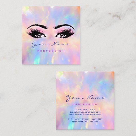メイクアップアーティストプロフェッショナルまつ毛ピンクホログラフ スクエア名刺 (正面/裏面)