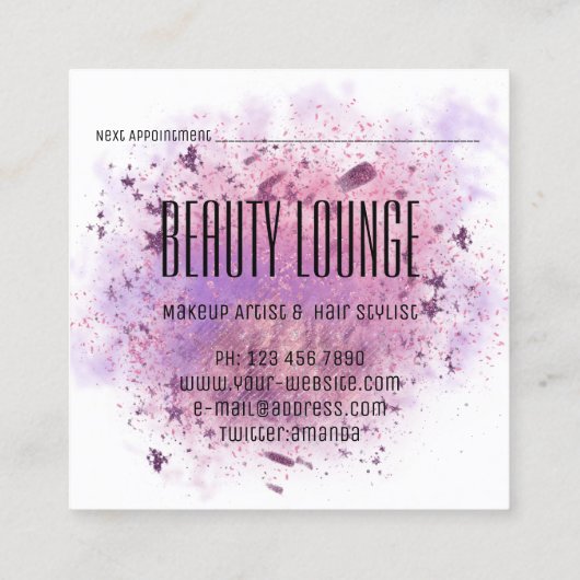 メイクアップアーティストヘアアイドラッシュグリッターピンクブラシ スクエア名刺 (裏面)