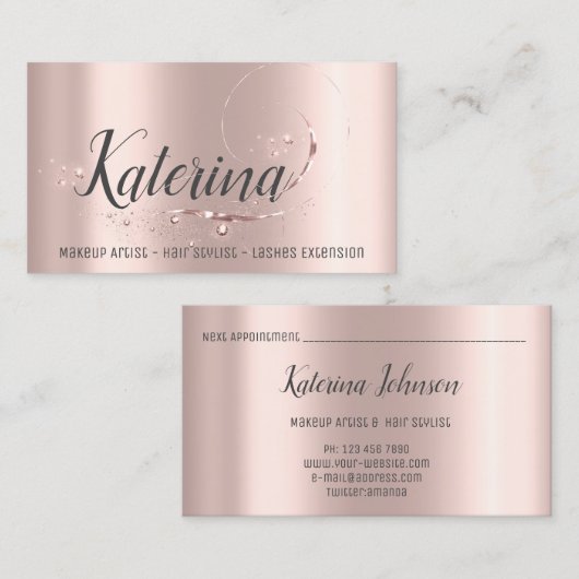 メイクアップアーティストヘアサロンまばゆみピンクのローズスパーク 名刺 (正面/裏面)