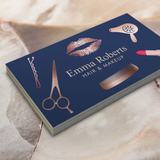 メイクアップアーティストヘアサロンシックバラ金ゴールドネイビーブルー 名刺