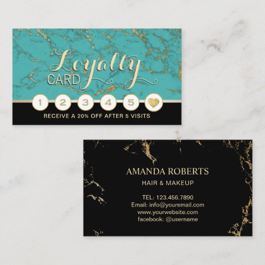 メイクアップアーティストヘアサロンターコイズ大理石ロイヤリティ ロイヤリティカード (正面/裏面)