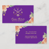 メイクアップアーティストヘアサロンパープル&金ゴールドフローラ 名刺 (正面/裏面)