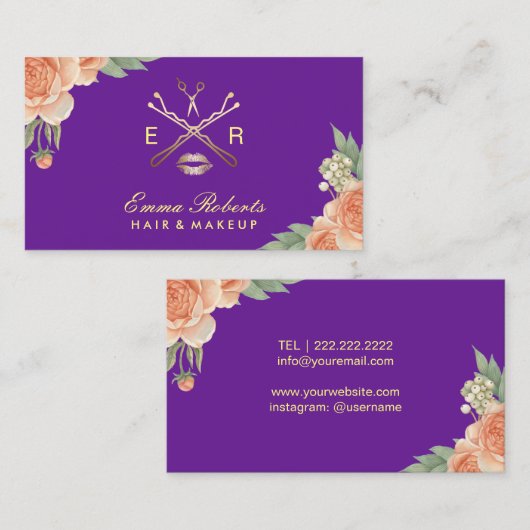メイクアップアーティストヘアサロンパープル&金ゴールドフローラ 名刺 (正面/裏面)