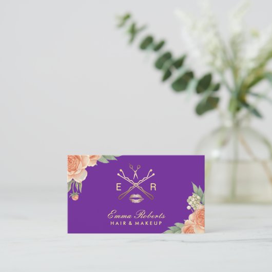 メイクアップアーティストヘアサロンパープル&金ゴールドフローラ 名刺 (スタンド正面)