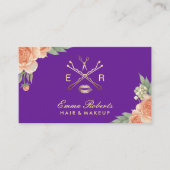 メイクアップアーティストヘアサロンパープル&金ゴールドフローラ 名刺 (正面)