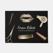 メイクアップアーティストヘアサロンブラック&金ゴールドへようこそ ドアマット (正面)