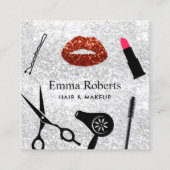 メイクアップアーティストヘアサロンモダンシルバーグリッター スクエア名刺 (正面)