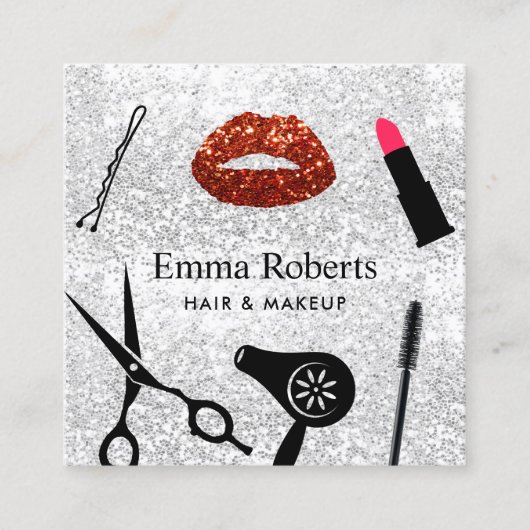 メイクアップアーティストヘアサロンモダンシルバーグリッター スクエア名刺 (正面)