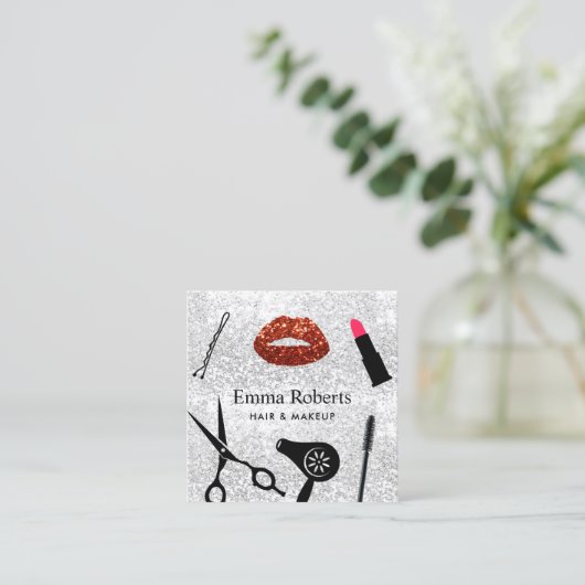 メイクアップアーティストヘアサロンモダンシルバーグリッター スクエア名刺 (スタンド正面)