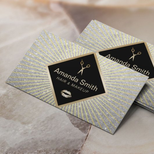 メイクアップアーティストヘアサロンモダンシルバーグリッター 名刺