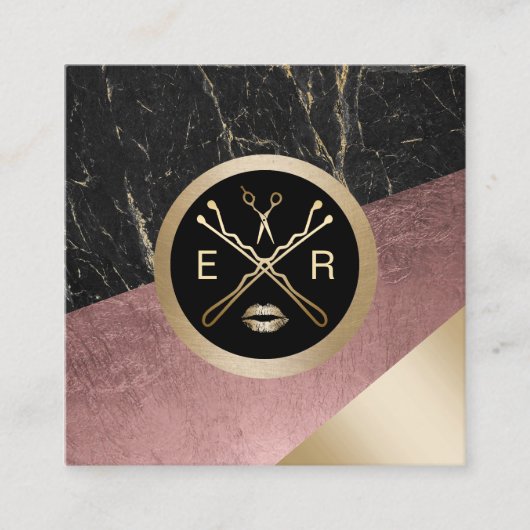 メイクアップアーティストヘアサロンモダンバラ金ゴールド&大理石 スクエア名刺 (正面)
