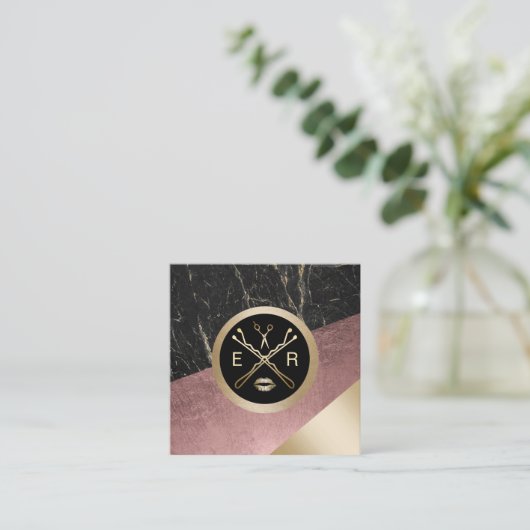 メイクアップアーティストヘアサロンモダンバラ金ゴールド&大理石 スクエア名刺 (スタンド正面)