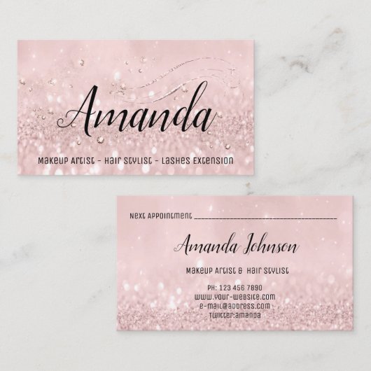 メイクアップアーティストヘアサロンラッシュイベントピンクグリッター 名刺 (正面/裏面)