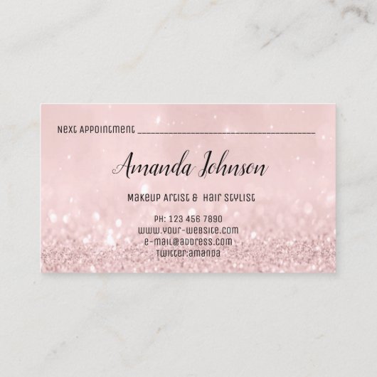 メイクアップアーティストヘアサロンラッシュイベントピンクグリッター 名刺 (裏面)