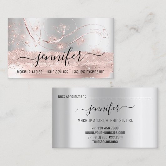 メイクアップアーティストヘアサロンラッシュエクステンショングレー 名刺 (正面/裏面)