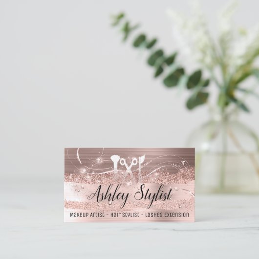 メイクアップアーティストヘアサロンラッシュロゴまつ毛バラ 名刺 (スタンド正面)