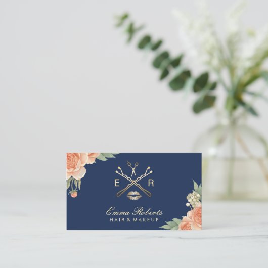 メイクアップアーティストヘアサロンヴィンテージフローラネイビーブルー 名刺 (スタンド正面)