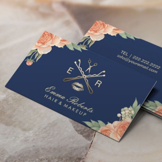 メイクアップアーティストヘアサロンヴィンテージフローラネイビーブルー 名刺