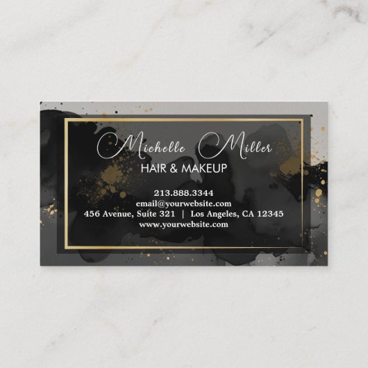 メイクアップアーティストヘアサロン抽象芸術スモーキーブラック金ゴールド 名刺 (裏面)