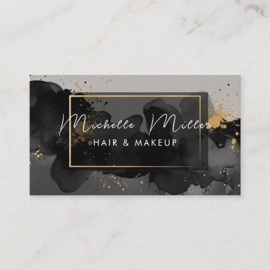 メイクアップアーティストヘアサロン抽象芸術スモーキーブラック金ゴールド 名刺 (正面)