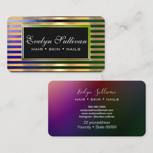 メイクアップアーティストヘアスキン爪、 ネイル気にグリーストライプ 名刺 (正面/裏面)
