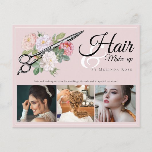 メイクアップアーティストヘアスタイリストプロフェッショナルピンクフローラ チラシ (正面)