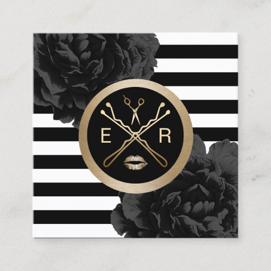メイクアップアーティストヘアモダンサロンストライプフローラ スクエア名刺 (正面)