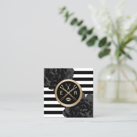 メイクアップアーティストヘアモダンサロンストライプフローラ スクエア名刺 (スタンド正面)