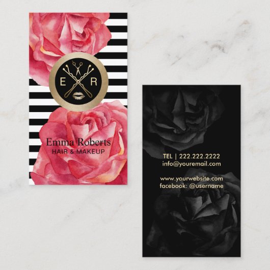 メイクアップアーティストヘアモダンサロンストライプレッドフローラ 名刺 (正面/裏面)