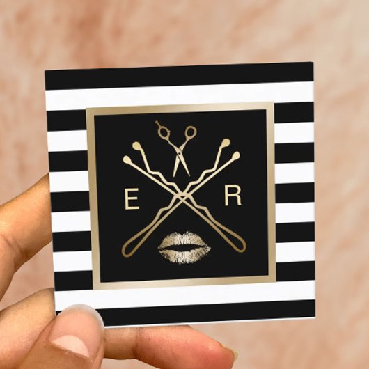 メイクアップアーティストヘア美しいサロンストライプモダン スクエア名刺