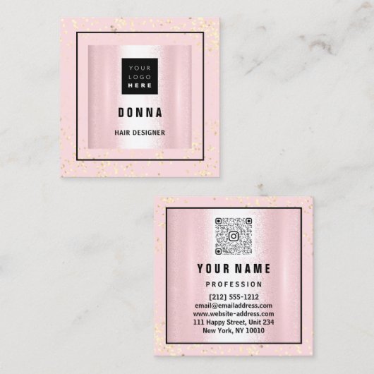 メイクアップアーティストヘア美しいピンクロゴQRコード スクエア名刺 (正面/裏面)